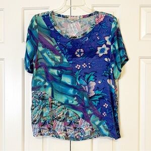 Soft Surroundings Short sleeve 100% viscose Floral Blue Top. Large Petite